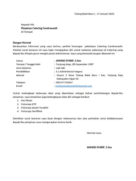Contoh Surat Lamaran Admin Catering