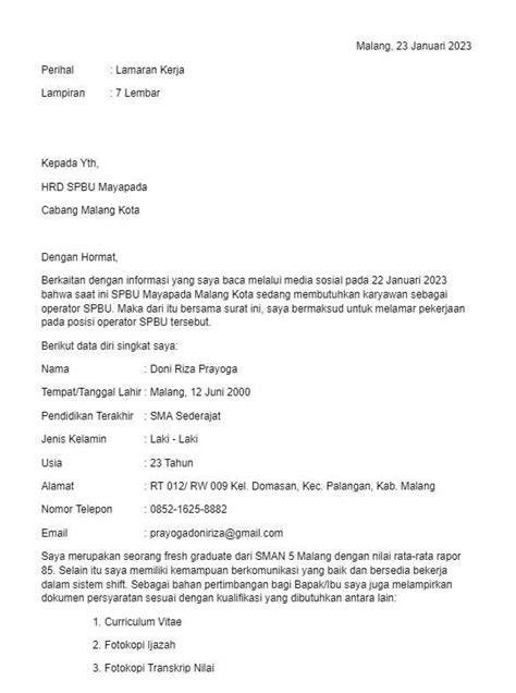 contoh surat lamaran operator spbu