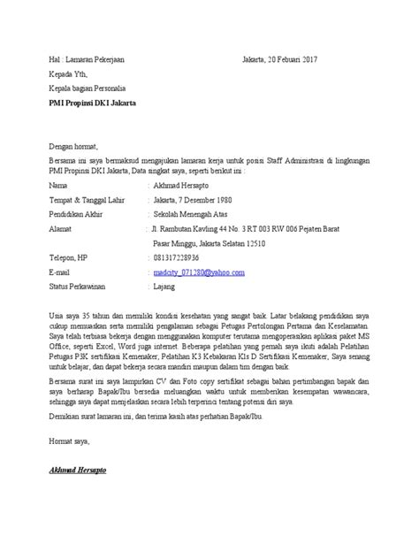 contoh surat lamaran pmi