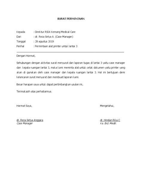 Contoh Surat Permintaan Printer