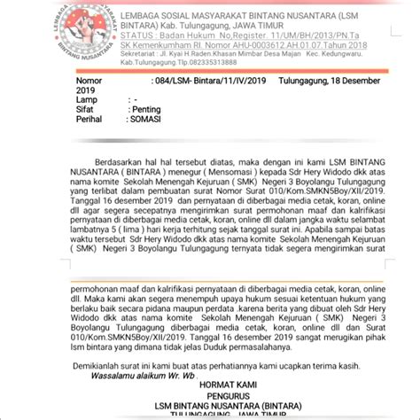 contoh surat permohonan klarifikasi lsm