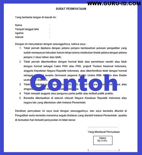 contoh surat pernyataan 5 poin untuk p3k