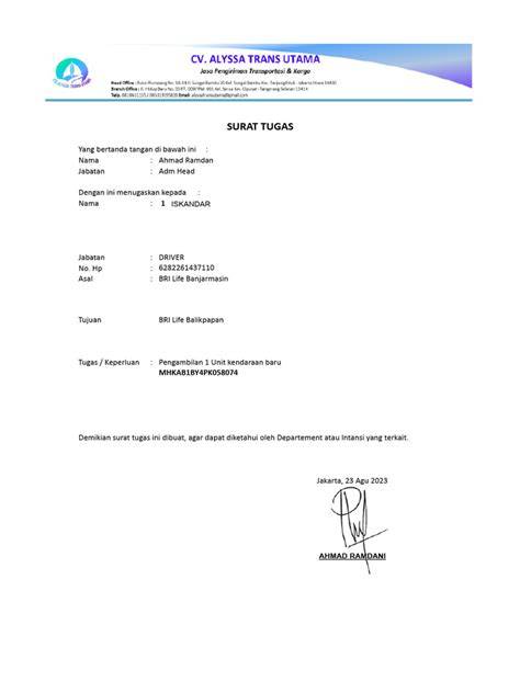 contoh surat tugas driver