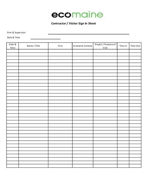 contractor sign in sheet template excel