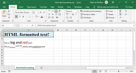 convert excel cell text to html format