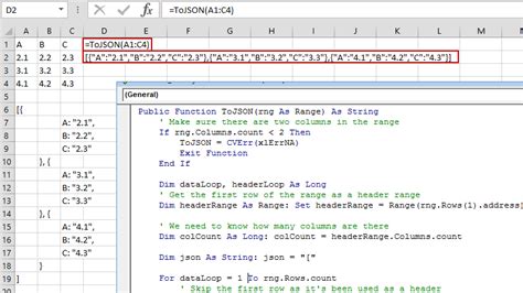 convert excel table to json vba