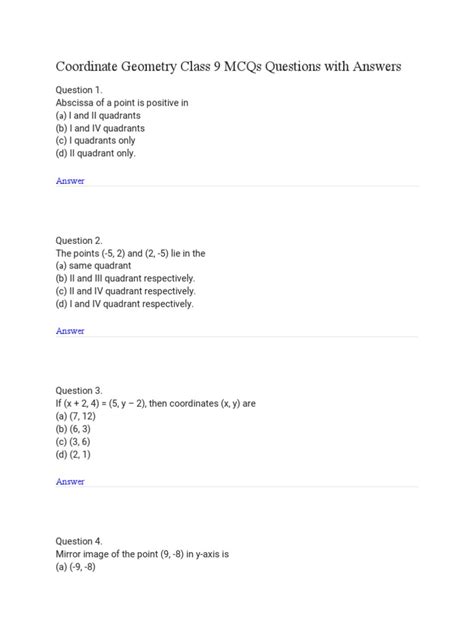 coordinate geometry class 9 mcq questions with answers