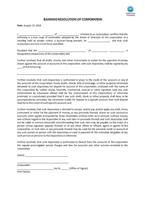 Corporate Banking Resolution Template