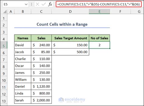 count cells between two values in excel
