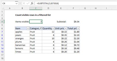 count formula in excel when filtered