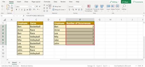count number of occurrences in excel sheet