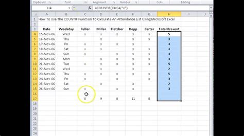 countif formula in excel for attendance