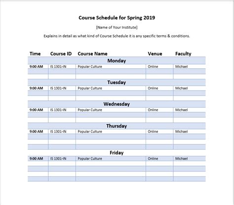 course schedule template