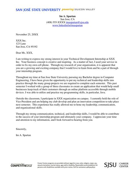 cover letter example for student internship
