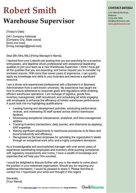 cover letter example for warehouse manager
