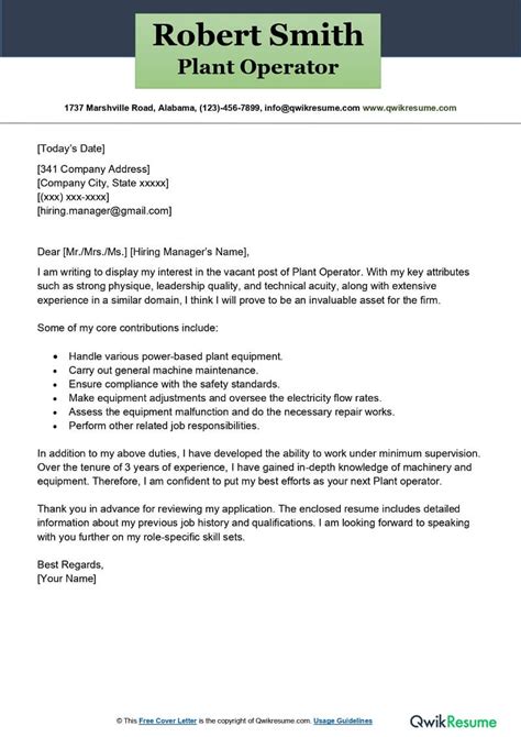 cover letter examples for plant operator