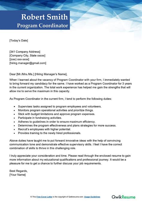 cover letter examples for program coordinator