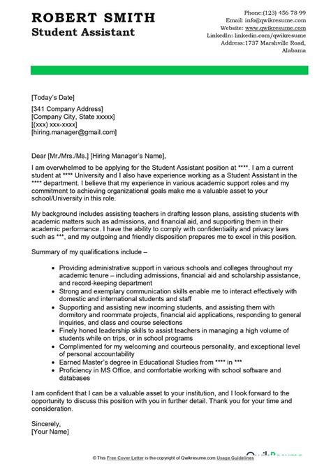 cover letter examples for student assistant