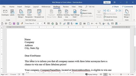 create a form letter for mail merge