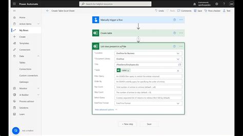 create excel table in power automate