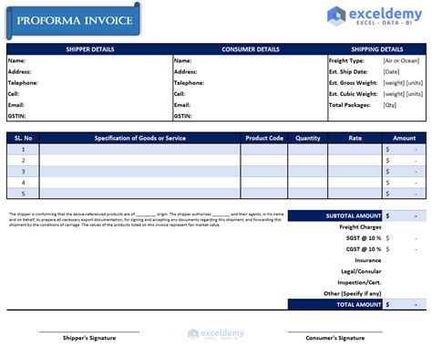 create proforma invoice in excel