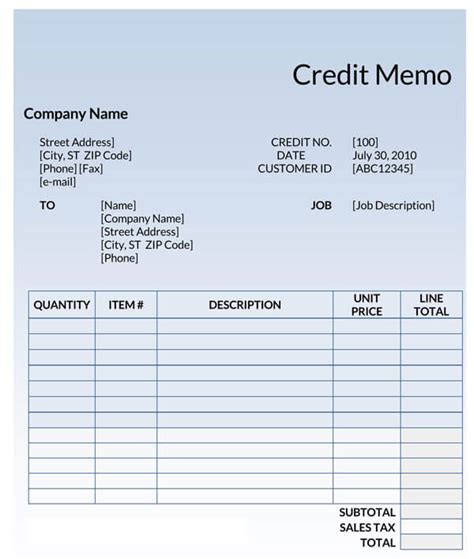credit memo excel template