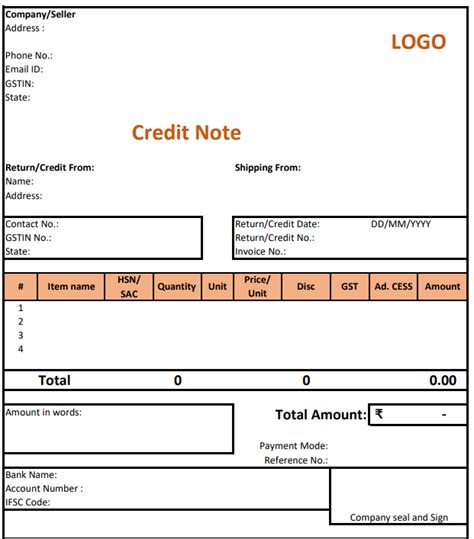 credit note sample in excel