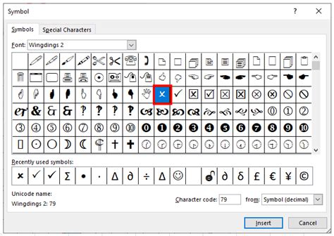 cross in excel symbol