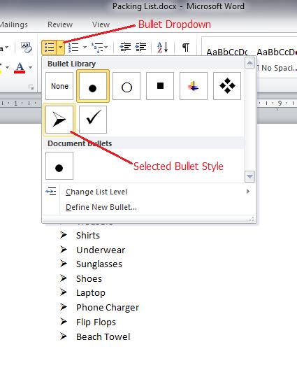 custom bulleted list word