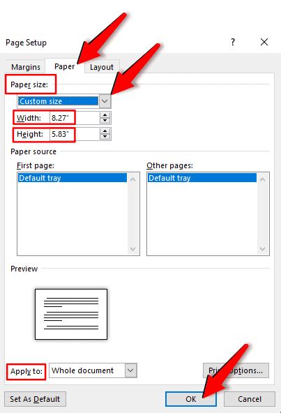 custom size in word