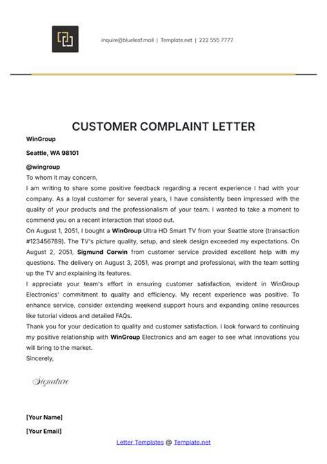 customer complaint letter example