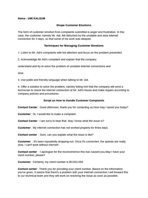 customer complaints examples script