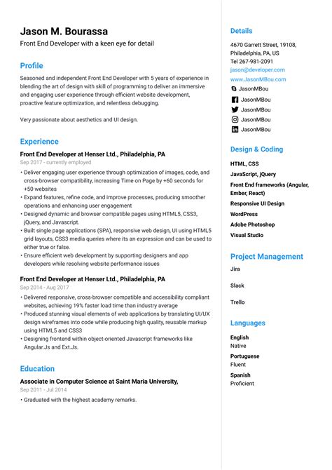 cv example front end developer