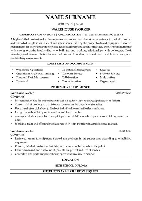 cv example warehouse worker