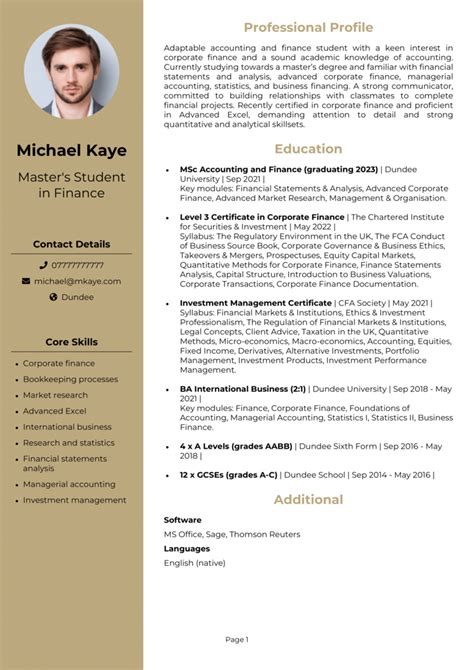 cv examples master's degree