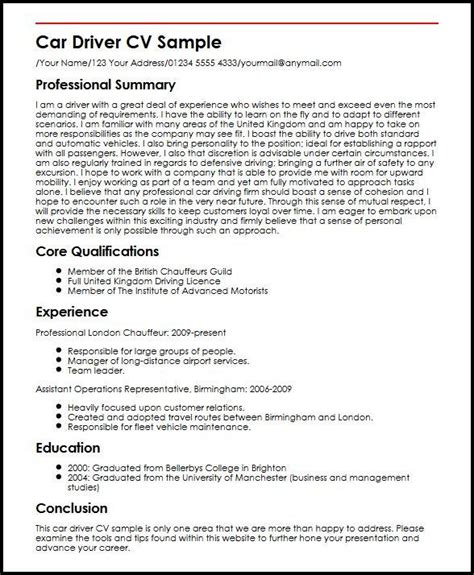 cv format for a driver