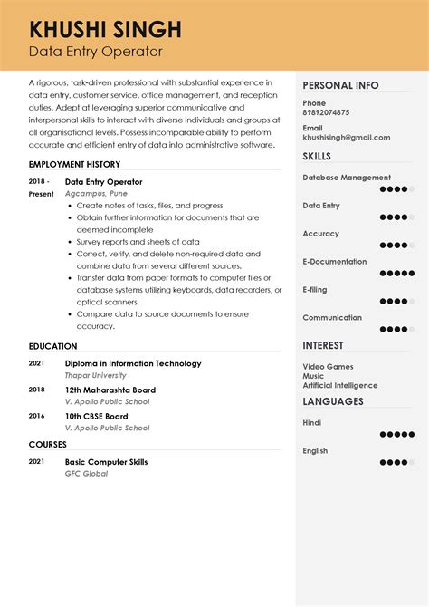 cv format for data entry operator