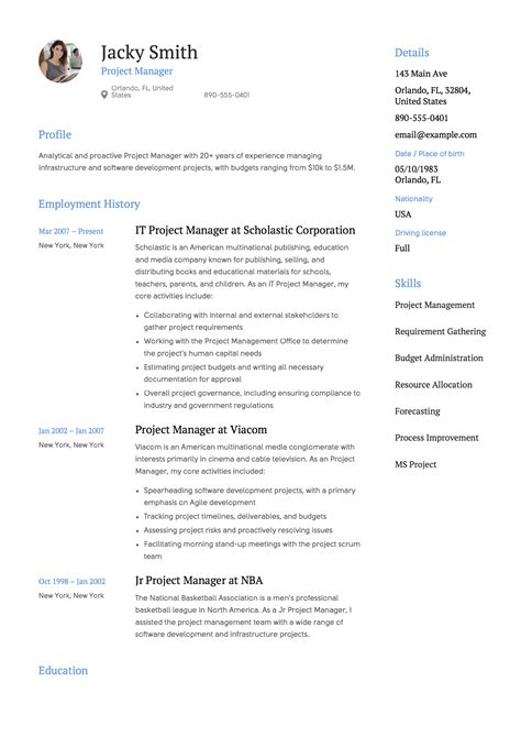 cv format for project manager