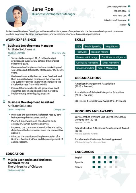 cv format in one page