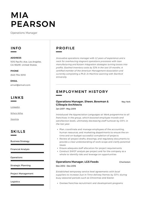 cv profile examples operations manager