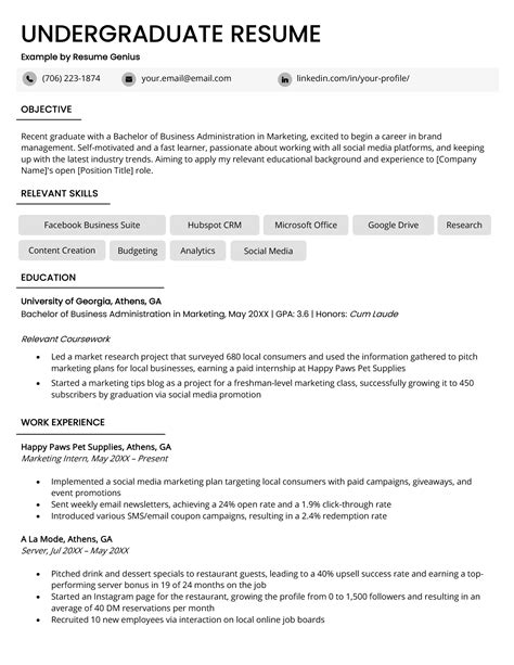 cv profile examples undergraduate