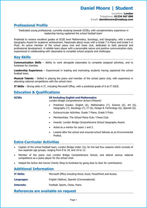 cv profile examples with no experience for students