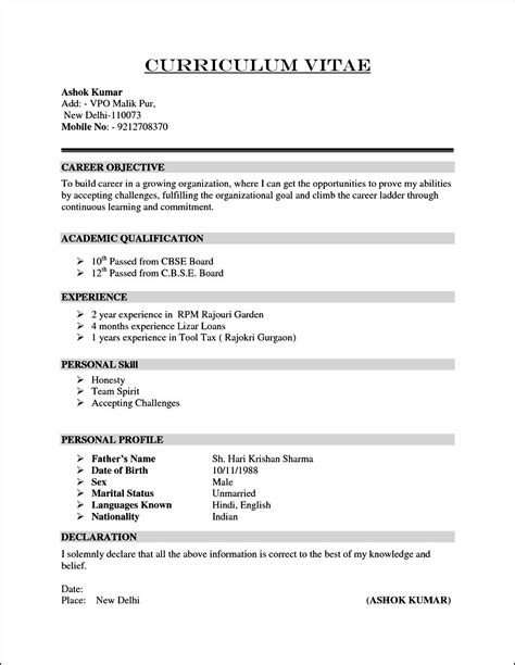 cv resume example format