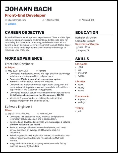 cv template for front end developer