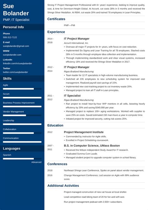cv template for project manager