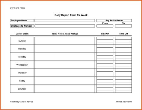 daily activities report format excel
