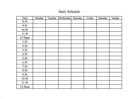daily activities schedule template