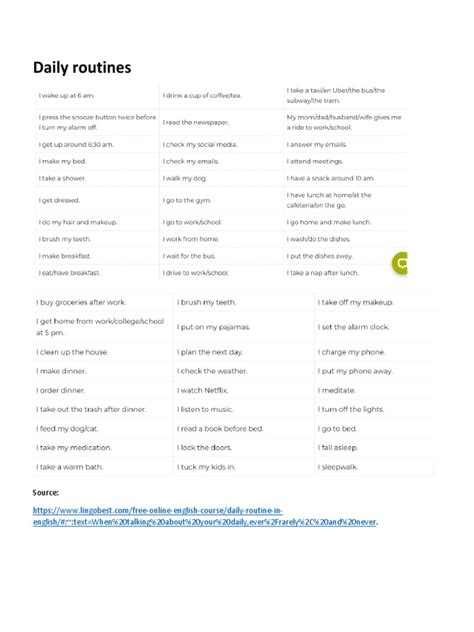 daily routine examples pdf