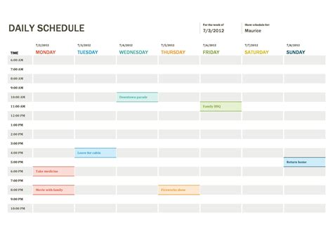 daily routine schedule excel template
