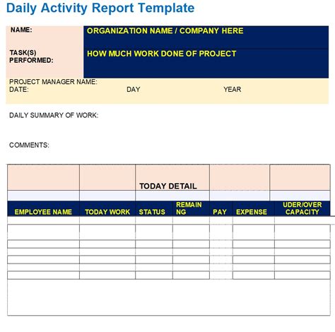 daily task report excel template
